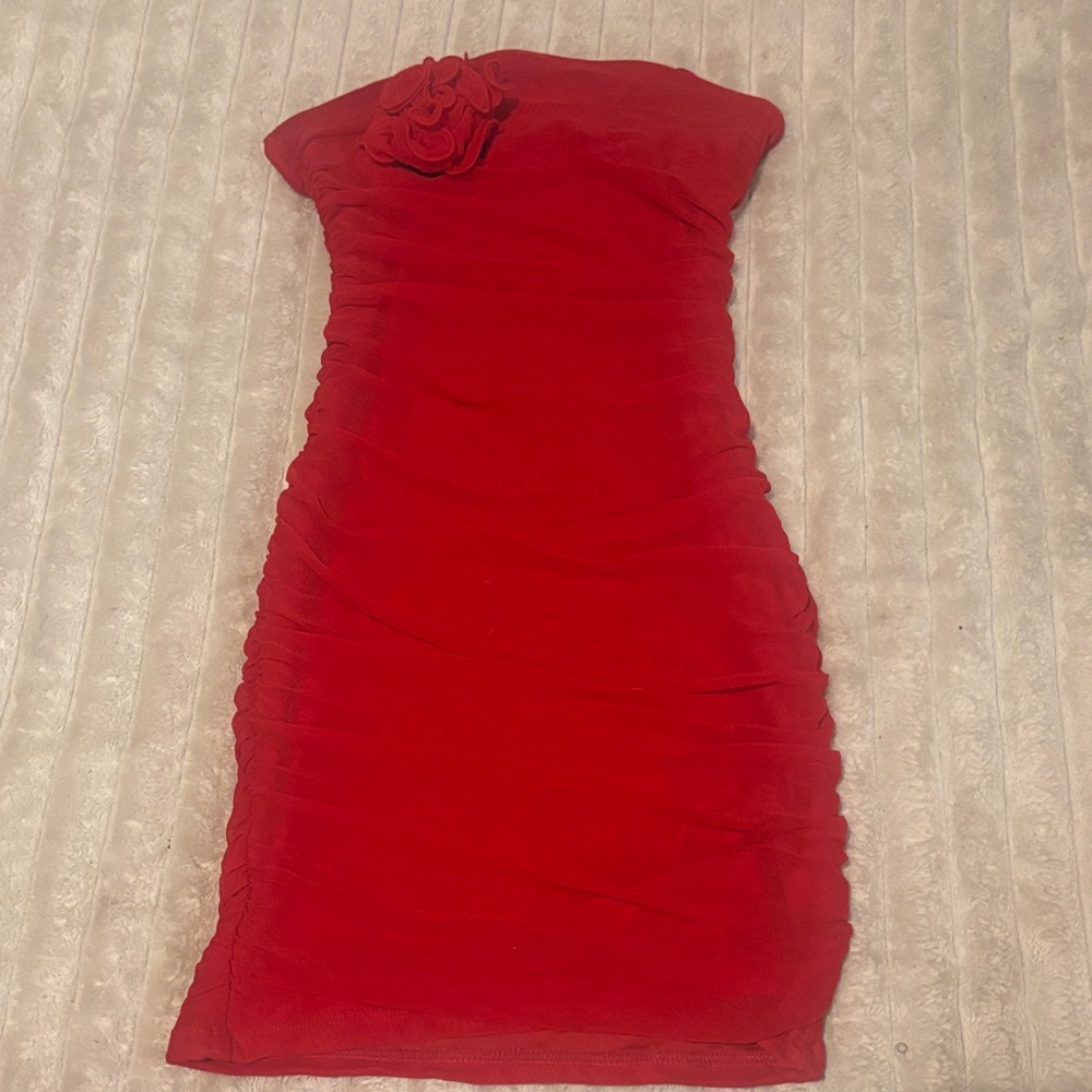 SHEIN Strapless Red Dress with Floral Detail